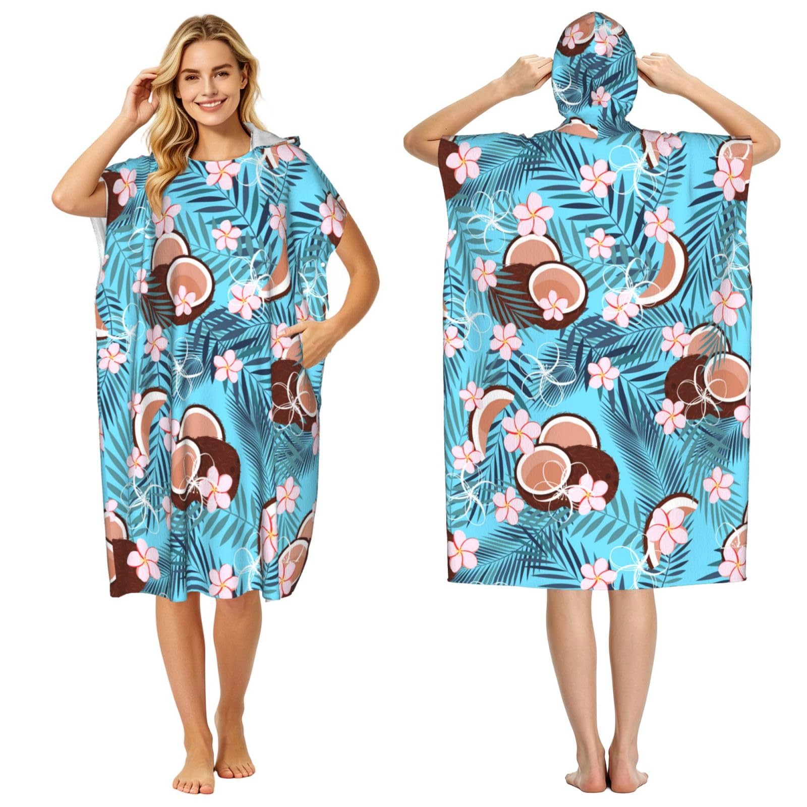 Poadnly Tropical Coconut On Blue, Adult Hooded Beach Towel 90 x 110 cm,Changing Bath Robe, Surf Poncho Towel For Women Men