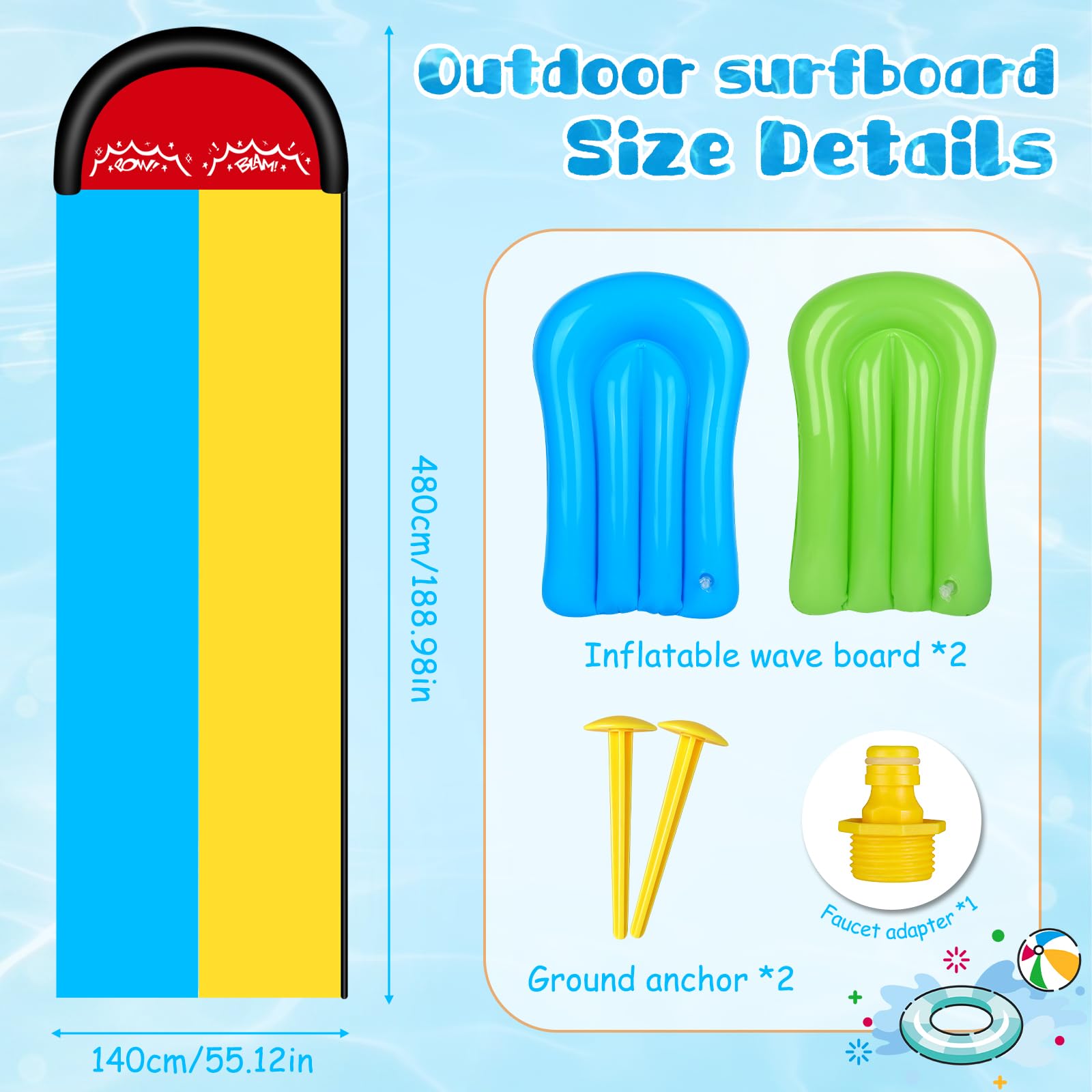 Toboggan Aquatique, 480 x 140cm Toboggan pour Pelouse Double Toboggan à Eau, Toboggan de Pelouse d'été avec Arroseur Intégré avec 2 Planches Gonflables pour Jeux d'eau en Extérieur