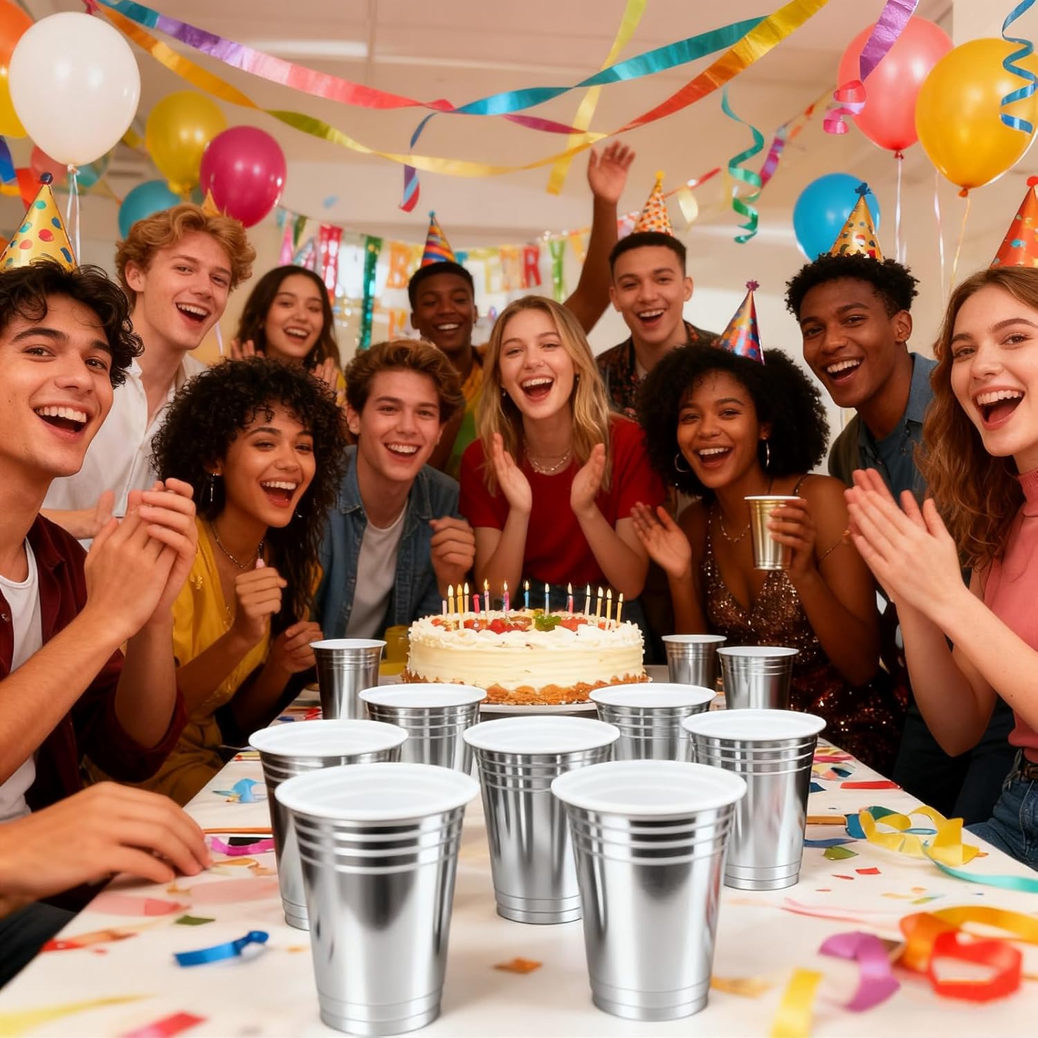 16 oz - 100 Count Metallic Plastic Cups, Disposable Plastic Party Cups for Easy Cleanup and Large Gatherings, Gold Metallic Cups for Birthdays, Parties, Christmas, and Everyday Use (Silver) - Image 6