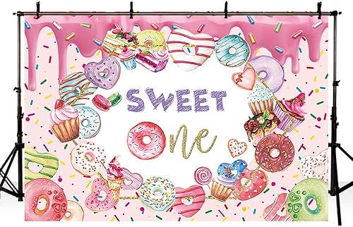 Miniatura 4 de Telón de fondo de rosquilla de 7 x 5 pies para niña, dona, primer cumpleaños, fiesta, fotografía, fondo de confeti, donas, suministros de decoración