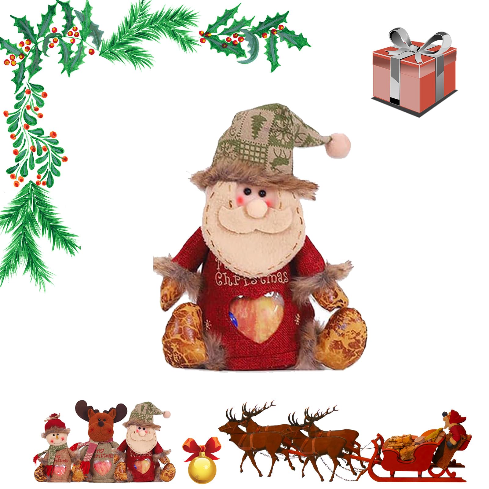 Christmas Gift Bags Zipper Design, Christmas Gift Doll Bags with Drawstring, Small Christmas Gift Bags, Santa Snowman Doll Storage Bag,Reusable Fabric Xmas Favor Bags (Santa)