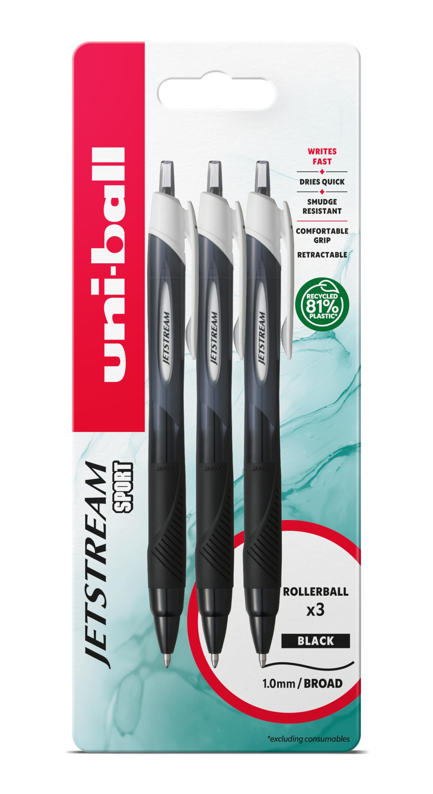uni-ballJetstream Sport SXN-150S Ballpoint Gel Pens. Premium 1.0mm Rollerball Tip. Smooth Writing Black Uni Super Ink Dries Instantly. Pack of 3 in Plastic Free Packaging