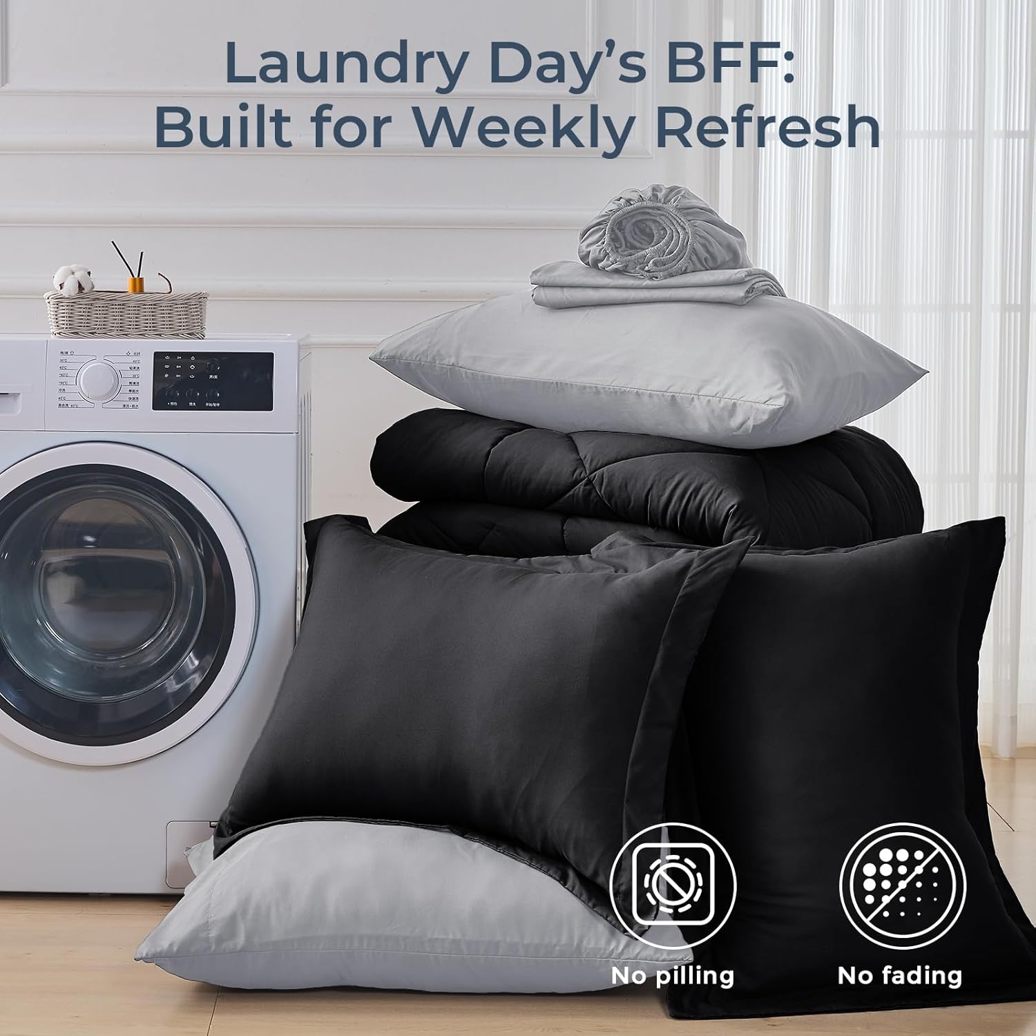 HEVUMYI King Comforter Set - 7-Piece All Season Bed in a Bag King, Ultra Soft Bedding Set with Comforter, Flat Sheet, Fitted Sheet, Pillowcases, Pillow Shams, Black & Light Grey - Image 7