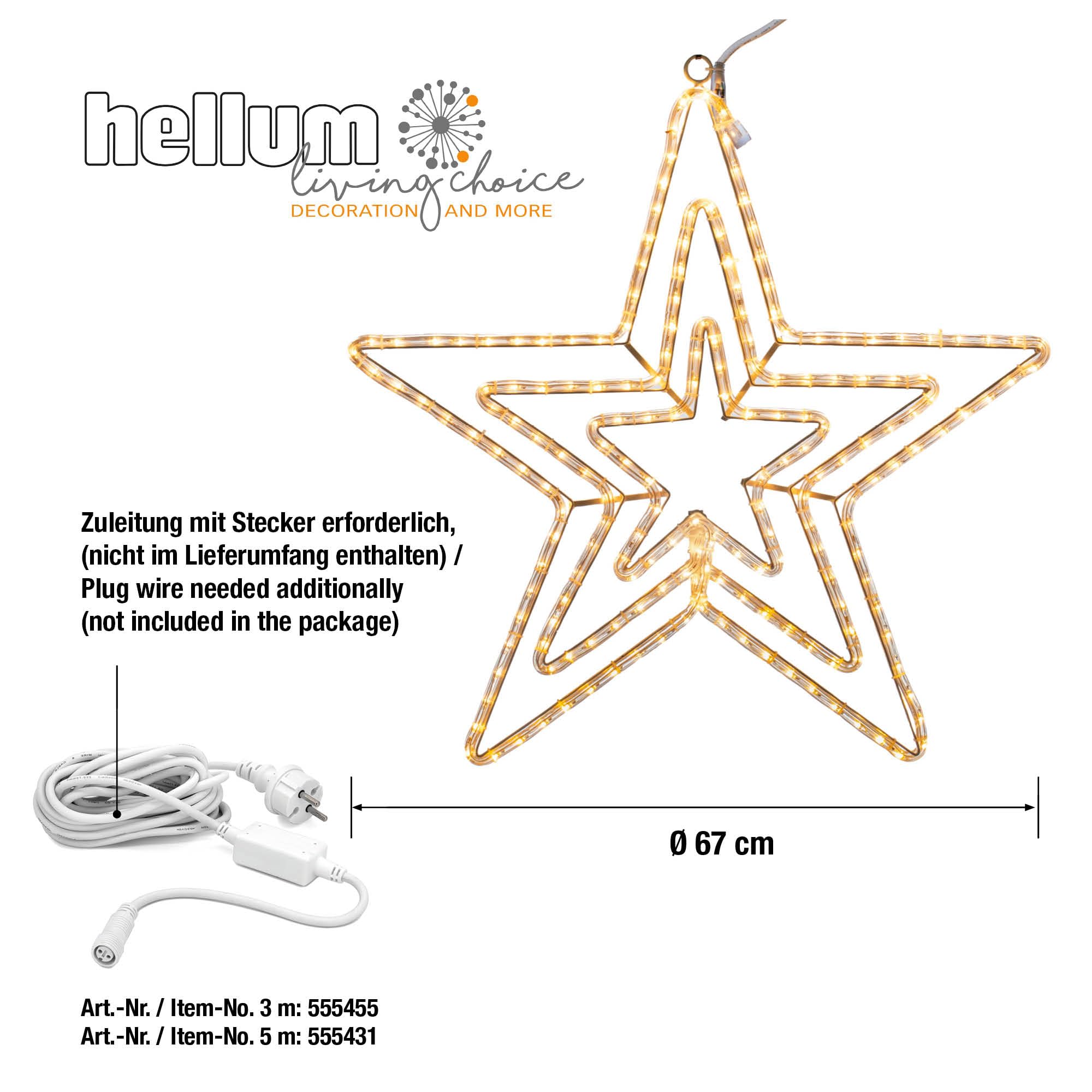 hellum LED-System Profi Lichterkette Außen verlängerbar Lichtschlauch Stern warmweiß 216 LED wetterfest, ohne Netzkabel, ø 67 cm, Kabel weiß, outdoor 899764