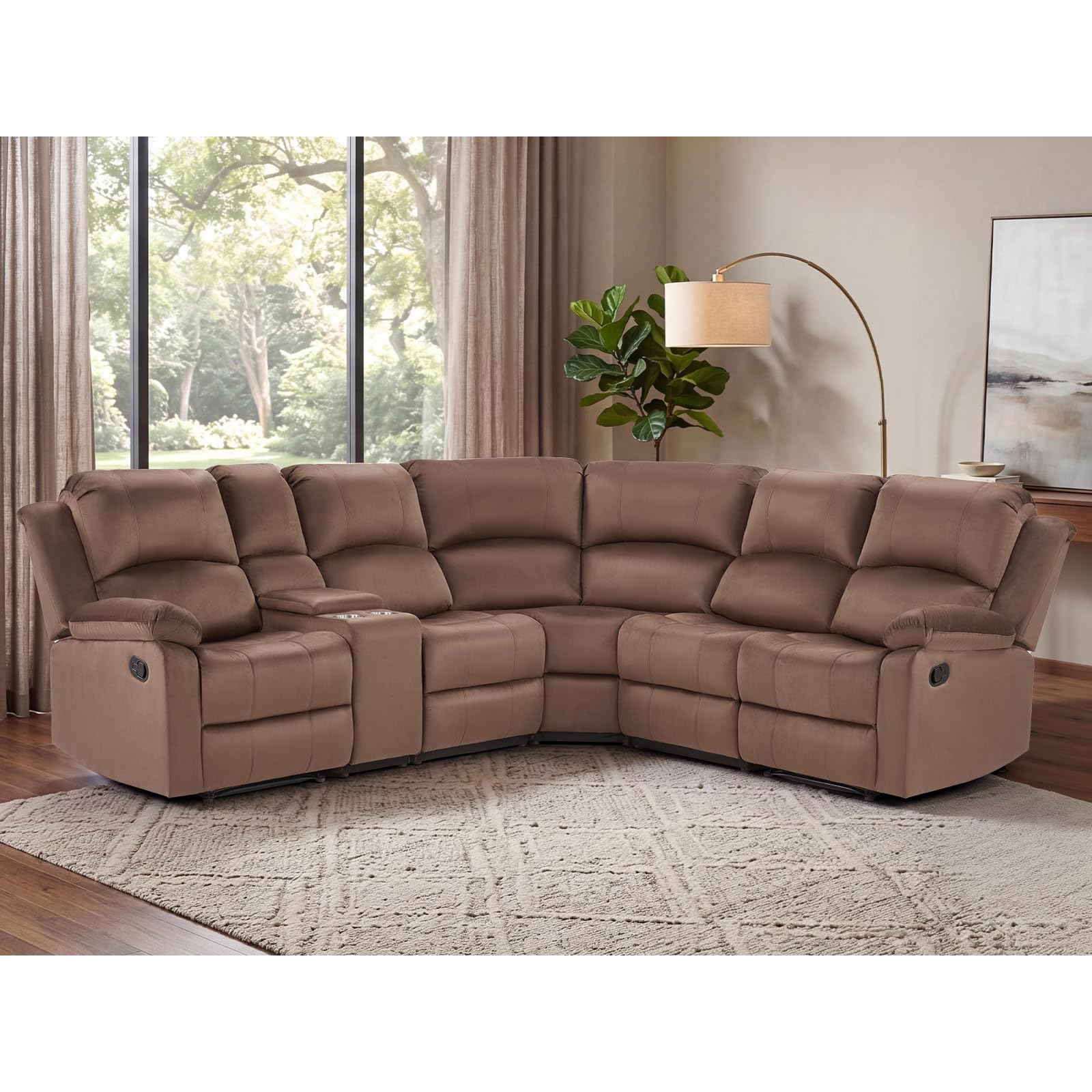 EBELLO Manual Reclining L-Shaped Sectional Sofa Set, Soft Microfiber Recliner Corner Couch with Center Console, Cup Holders and Storage, Recliner Sectional Couches for Living Room, Brown view 7