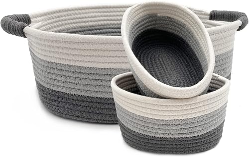 Miniatura 6 de Cestas de almacenamiento de cuerda de algodón, 3 cestas tejidas para almacenamiento para organizar pañales de bebé y juguetes, cesta de