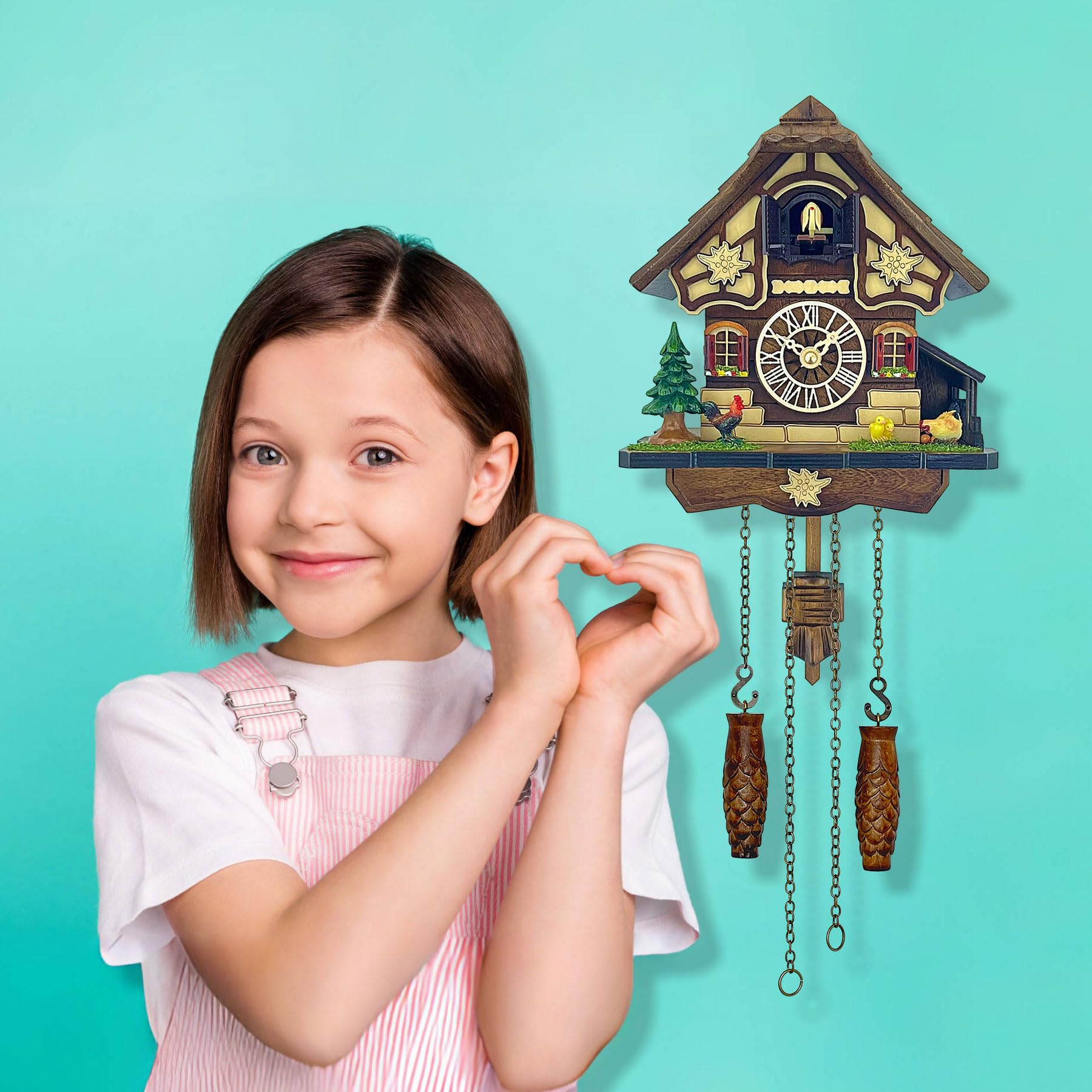 Orologio a cucù per arte da parete: 12 melodie, controllo del volume, opzione musica spenta, modalità notturna, stile tedesco, decorazione per la casa in legno, stile retrò tradizionale della Foresta