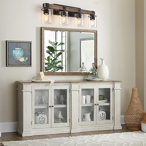 Miniatura 7 de DUJAHMLAND Lámpara de tocador de granja, aplique industrial de madera de 4 luces, iluminación de tocador de baño con pantalla de luces de vidrio