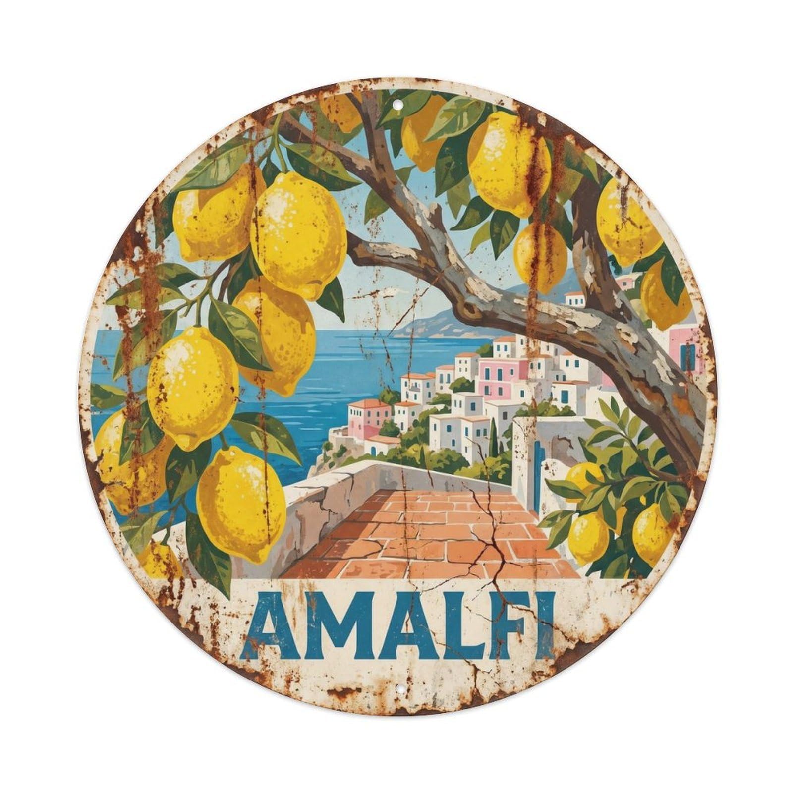 Vintage Travel Italian Lemon Tree Seaside Metal Tin Sign Plaque Wall Decor for Cafe, Club, Garden Round Metal Poster 8x8Inch