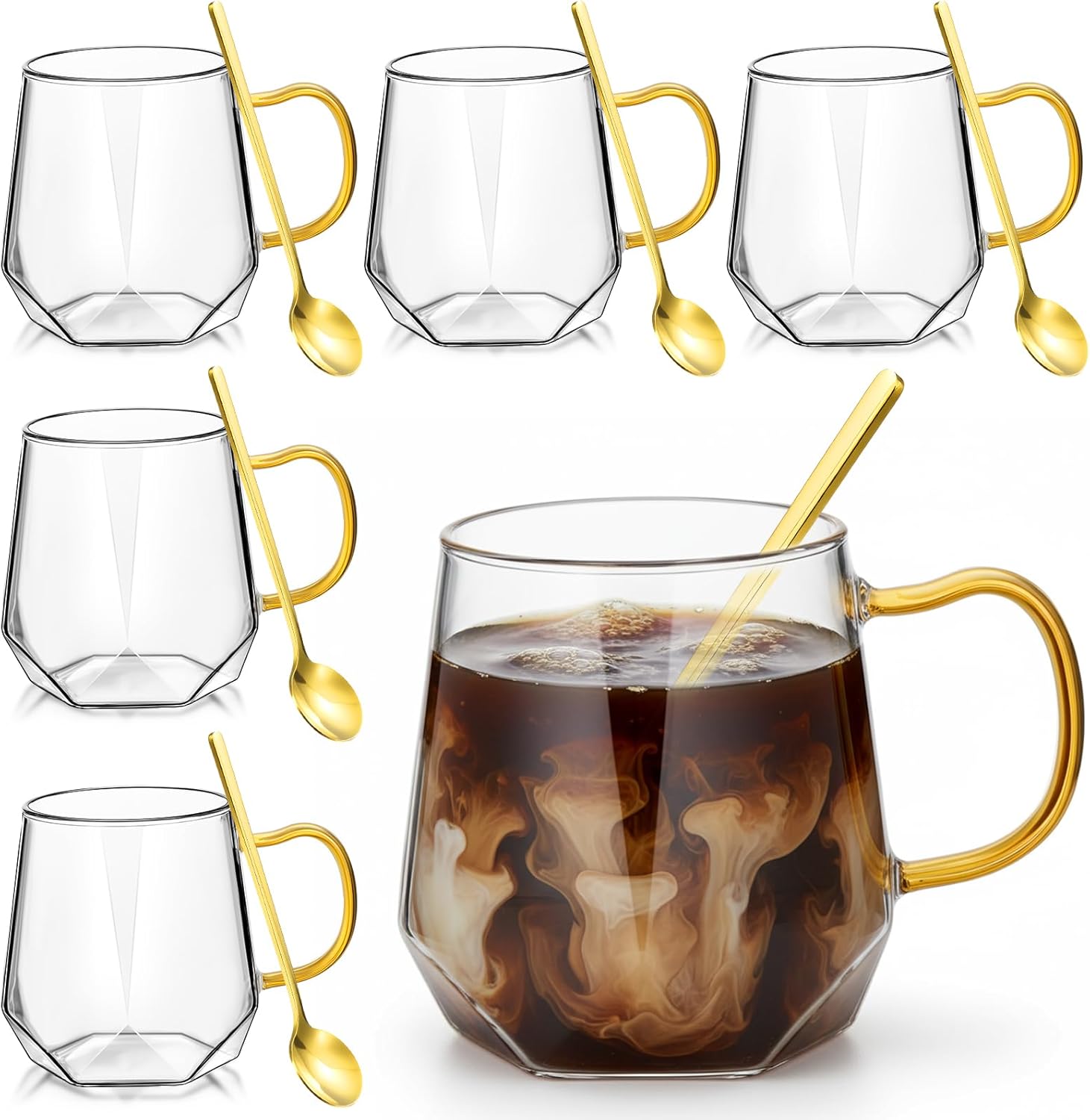 Layhit 6 Sets Glass Coffee Mugs with Handle Spoon 12 oz Clear Coffee Mugs Diamond Shaped Tea Cups Glasses for Milk, Latte, Cappuccino, Espresso, Cold or Hot Drinks