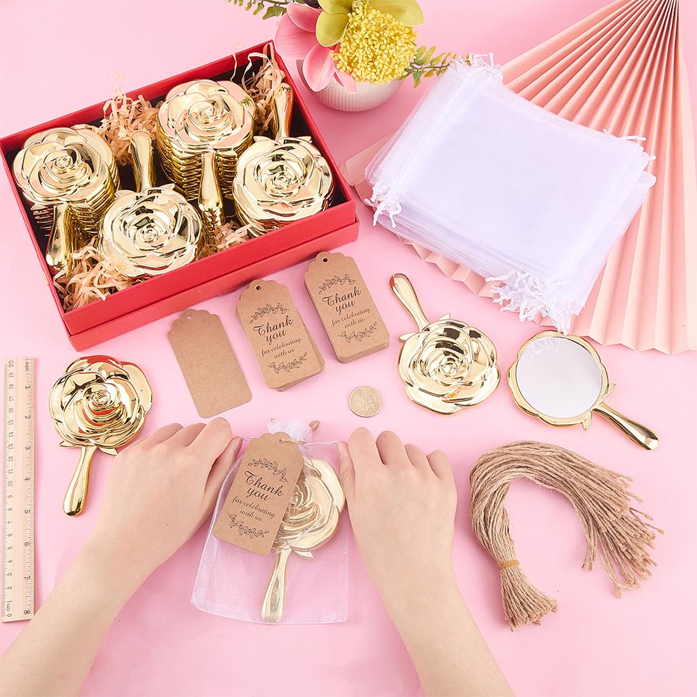 FINGERINSPIRE 36 Packung Mini Rosen Kompaktspiegel als Gastgeschenk Für Quinceañera Party Rosenblüten Handspiegel Aus Glas Mit 36 Organza Geschenktüte Mit Kordelzug 50 Geschenkanhänger 50 Juteschnüre