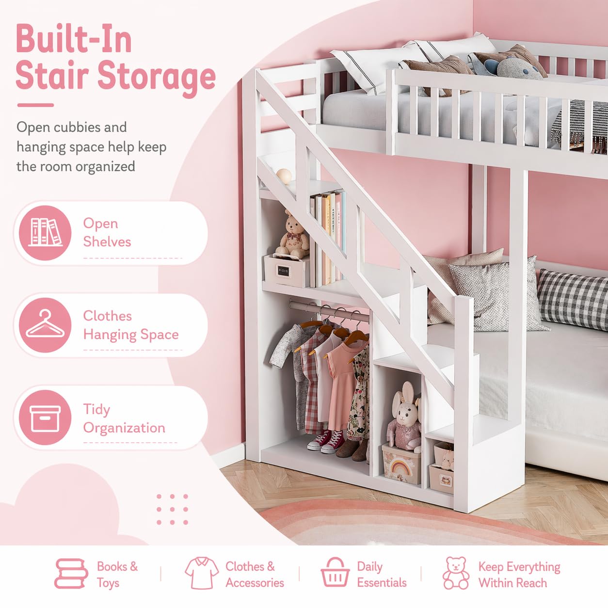 Etagenbett 90x200, Massivholz-Kinderbett mit Sicherheitstreppe & Aufbewahrungsschrank, Platzsparendes Jugendbett mit Lattenrost, Mehrzweck-Spielbett für Kinderzimmer Weiß (90x200cm)