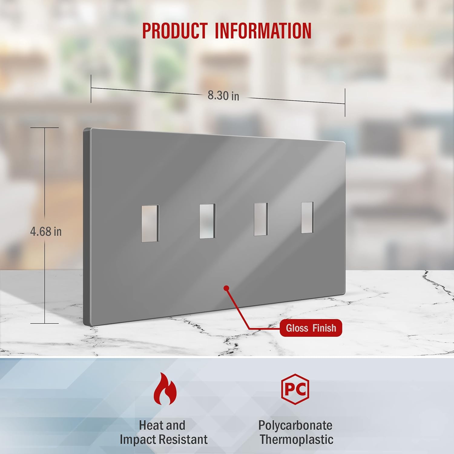ENERLITES Screwless Quadruple Toggle Switch Wall Plate, Child Safe Light Switch Cover, Standard Size 4-Gang 4.68" x 8.38", Unbreakable Polycarbonate Thermoplastic, UL Listed, SI8814-GY, Glossy, Gray