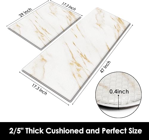 Miniatura 2 de Arttown Juego de 2 tapetes de cocina antifatiga con diseño de mármol, color dorado dorado, moderno, acolchado, impermeable, antideslizante, tapete