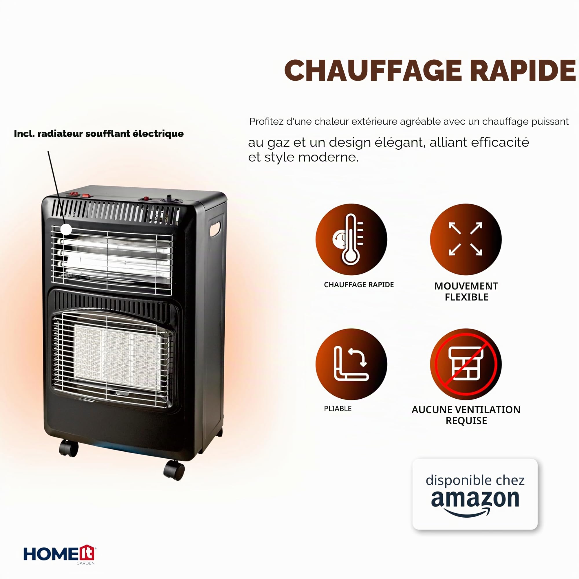 HOME It Chauffage d’appoint gaz pliable avec ventilateur, 3 puissances 1,5/2,8/4,2 kW, allumage piézo, anti-basculement, capteur ODS, sur roulettes, gris anthracite
