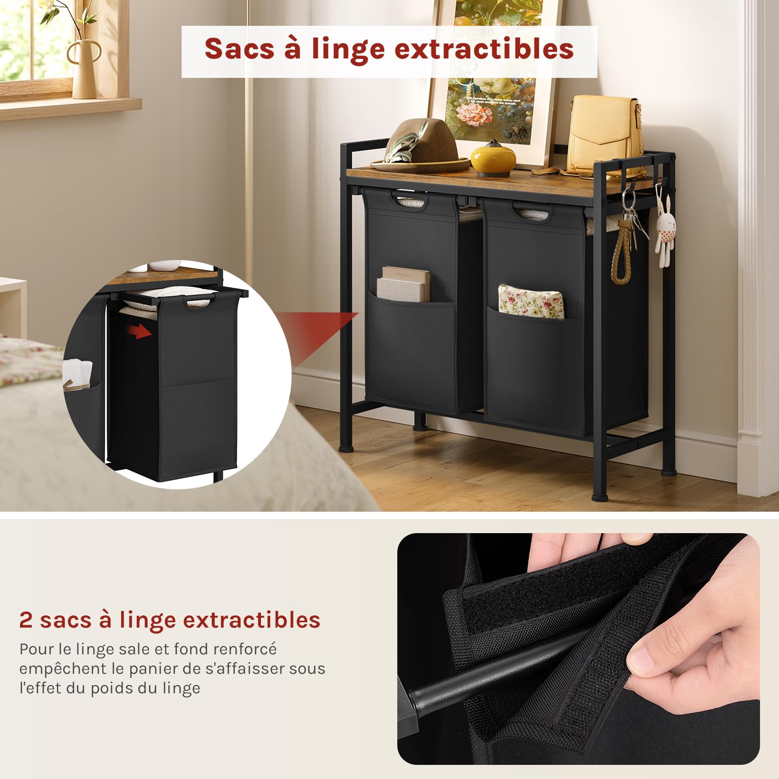 WOLTU Panier à Linge 2 Compartiments, 40L/Panier, avec Étagère, Sac à Linge en Tissu Oxford Amovible, Cadre en Métal, Marron Rustique+Noir