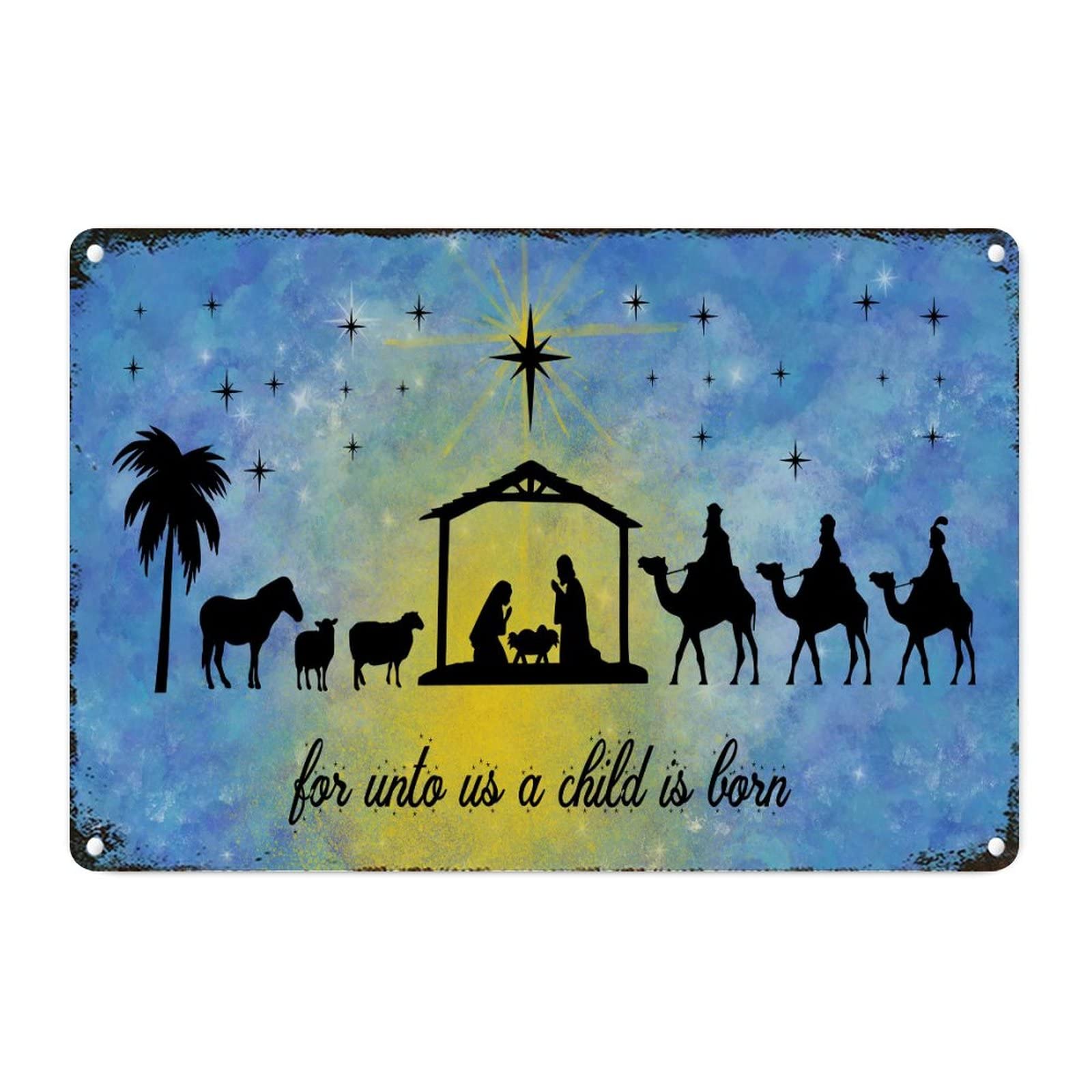 Panneau décoratif vintage crèche de Noël bleue aquarelle sur métal