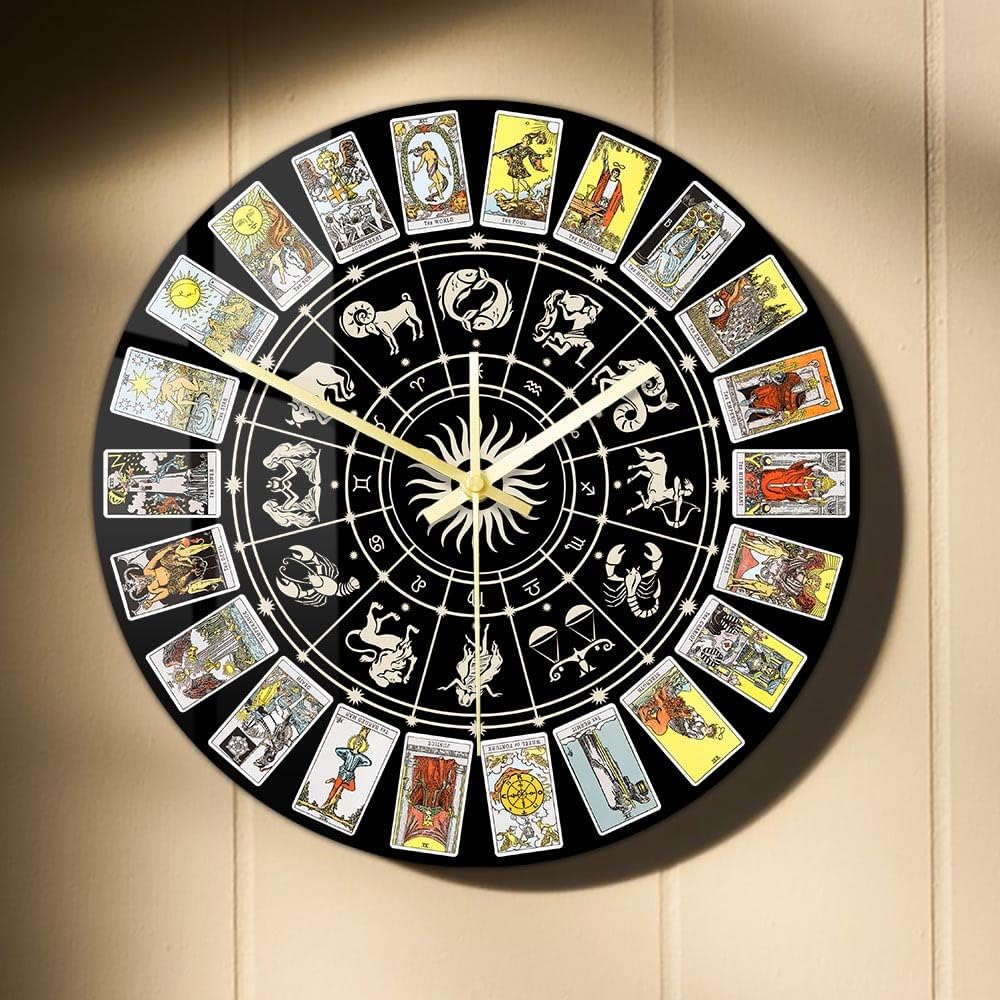 15 Inch the Major Arcana Wheel of the Zodiac Wall Clock, Tarot Prediction Wall Art Horoscope Circle Decorative Silent Non Ticking Wall Clock Battery Operated Game Room Decor Astrologers Gift
