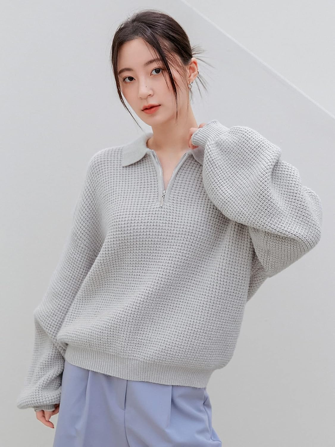 BEDAW Women's Sweater Polo Neck Drop Shoulder Sweater Sweater for Women (Color : Light Grey, Size : X-Large)