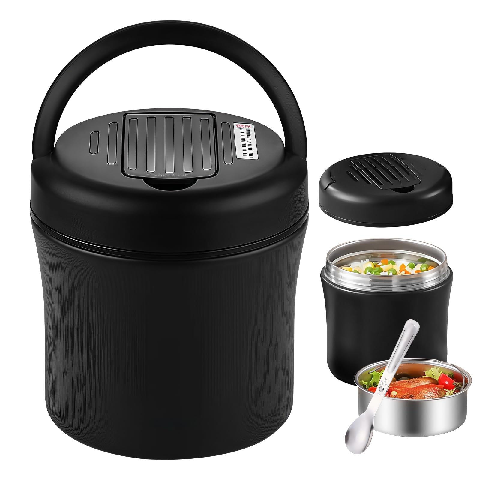 Contenitore termico per alimenti: 1,2L Contenitore termico in acciaio inox con coperchio, Thermoskanne a tenuta stagna per alimenti, Lunchbox termica per cibi (Nero)