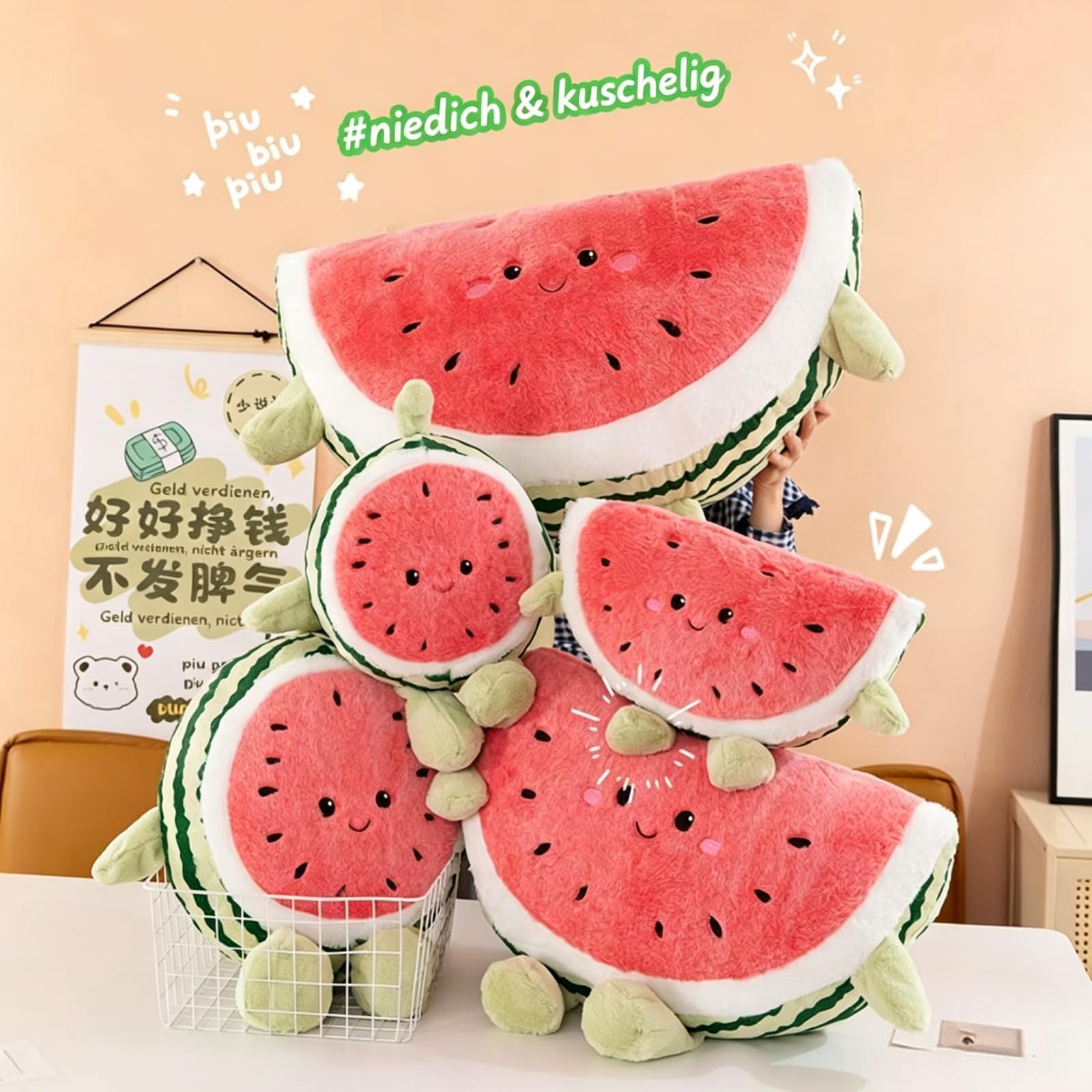Obst Wassermelon PlüSchtiere, FrüChte Kuscheltier PlüSch Kissen (65cm,halb) | Frische Wassermelonen Kuschelkissen Kinder Kawaii PlüSchkissen Spielzeug Geschenk FüR Jungen Und MäDchen