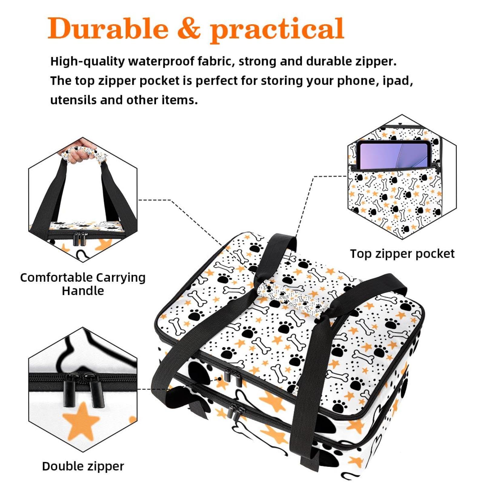 Grand sac à déjeuner isotherme pour homme et femme, double couche, étanche, étanche, réutilisable, sac fourre-tout pour le travail, l'école, le pique-nique, la plage, le camping, les voyages, motif os