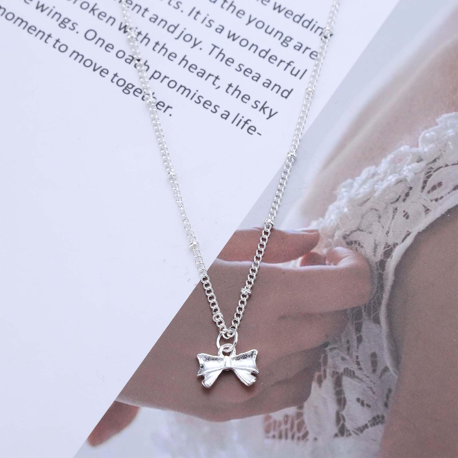 Bow Pendant Necklace Silver Bow Knot Pendant Necklace Small Bow Tie Pendant Necklace Tiny Beads Chain Necklace Minimalist Choker Necklace Chain Jewelry for Women and - Image 3