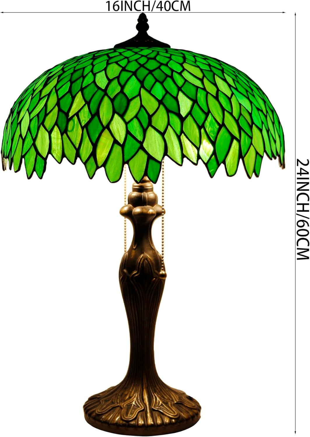 WERFACTORY Tiffany Style Table Lamp Stained Glass Bedside Lamp Green Wisteria Desk Reading Light Metal Base 16X16X24 Inches Decor Bedroom Living Room Home Office S523 Series
