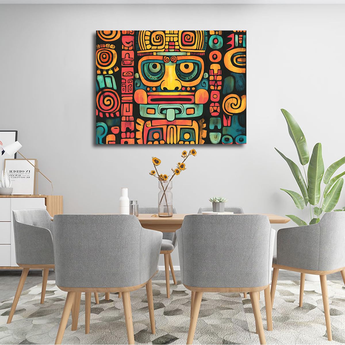 Via Vela Art aztèque en toile encadrée murale visage Ombre abstraite Affiche symbolique contemporaine ethnique Murale pour décoration d’appartement de bureau 45x60cm