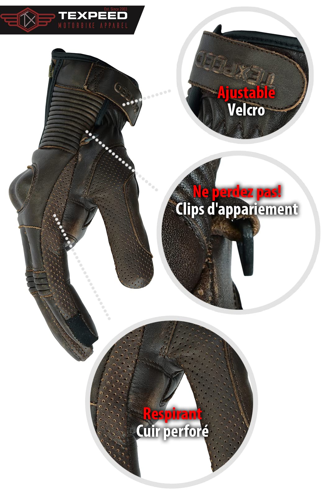Texpeed Gants de Moto Homme en Cuir Véritable - Gants de Vélomoteur Zippés Pour Hommes Avec Armure CE - Hiver/été Marron - (S)