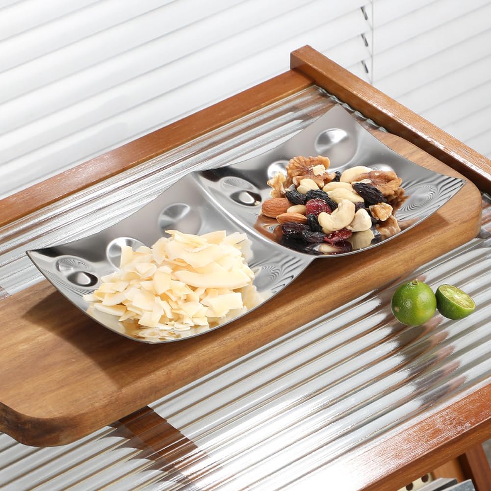 Bandeja de servir de acero inoxidable con 4 compartimentos para aperitivos, frutos secos, confitería para cuenco de plata resistente, fácil de limpiar, moderno para fiestas, reuniones en casa, diseño