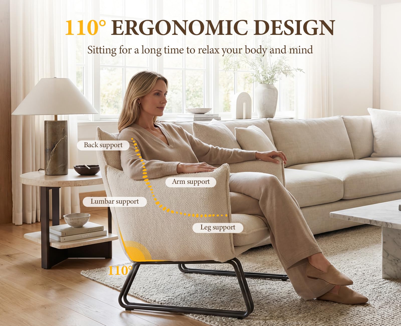 Moderne Loungesessel mit Stahlgestell, Webstoffbezug und Hoher Rückenlehne, Relaxsessel für Wohnzimmer, Arbeitszimmer oder Büro, Haferfarben