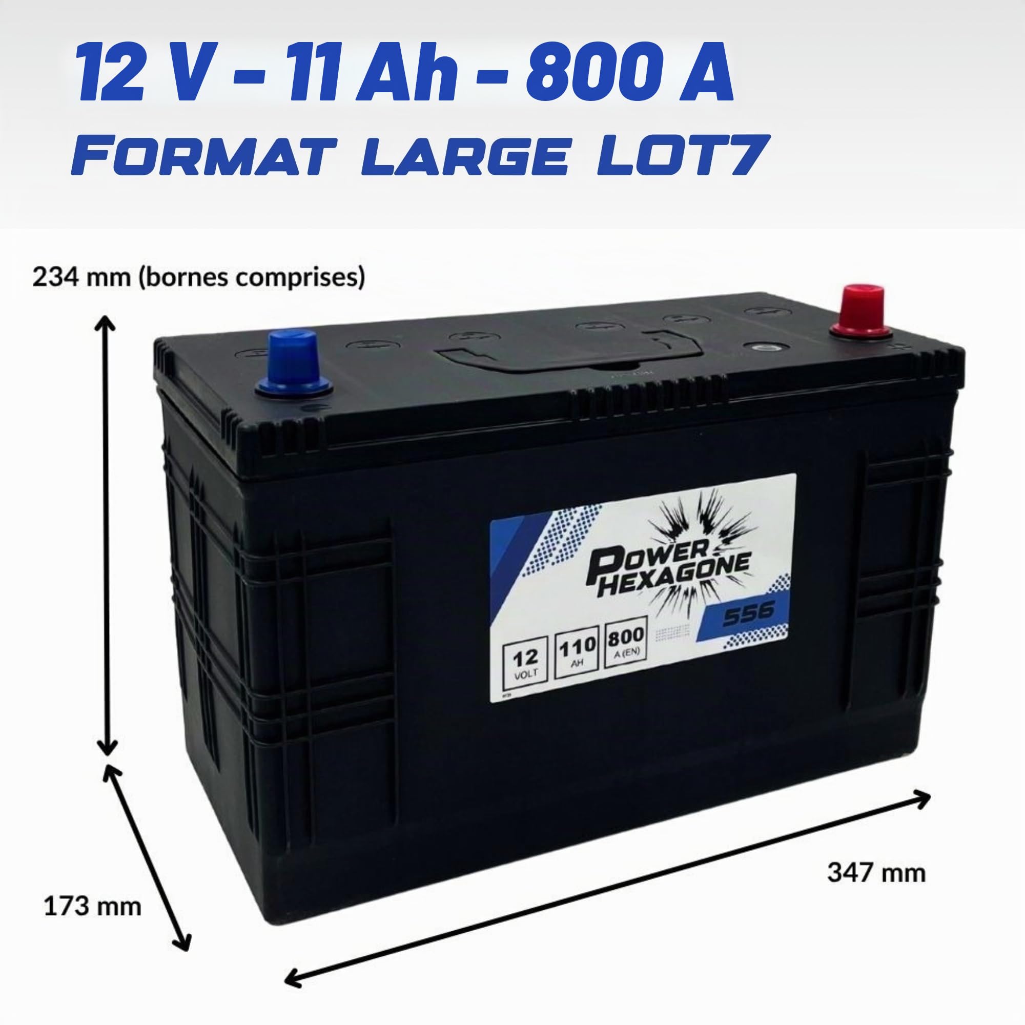 Batterie 12V 110Ah LOT7 - Démarrage 800A - Batterie Poids Lourd Sans Entretien - Format LOT7 Compatible Camion, Tracteur, Engin de Chantier - Remplacement Origine - Power Hexagone