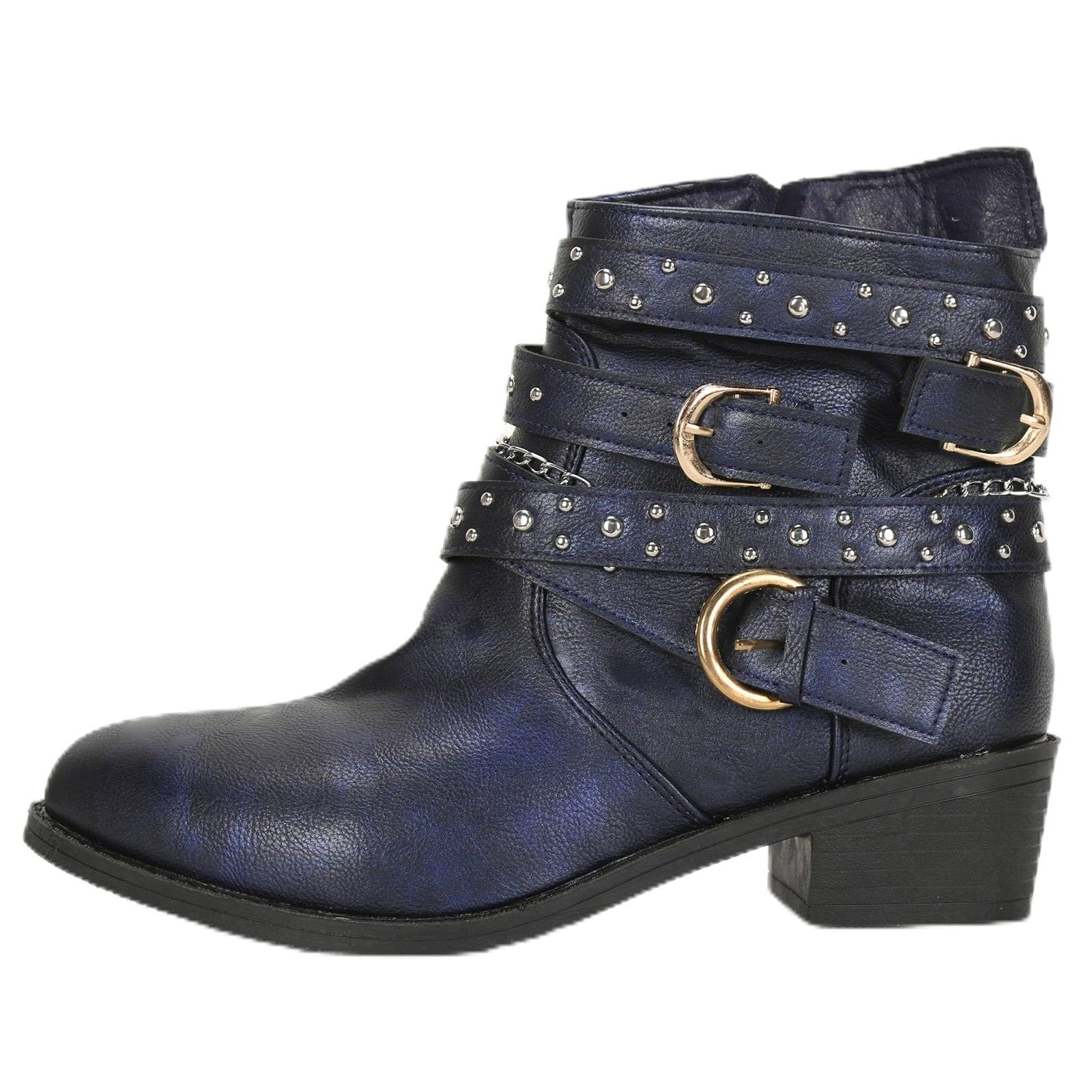 Womens Ankle Boot Fashion Studded Leather Block Heel Strap Trim Punk Boots Winter Side Zipper Short Booties