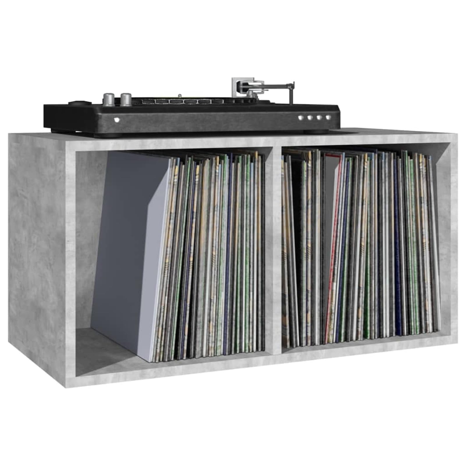 Homgoday Caja de almacenamiento LP para discos de vinilo, estante organizador de discos de vinilo, mueble de salón, caja de transporte de hormigón, gris, 71 x 34 x 36 cm, madera de ingeniería