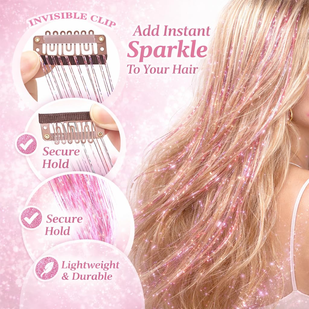 Hair Tinsel 12 Pcs Clip in Hair Tinsel Kit for Girls 22 Inch Glitter Fairy Tinsel Hair Extensions Colorful Heat Resistant Party Festival Accessories for Women (pink/multicolor-12 Pcs)