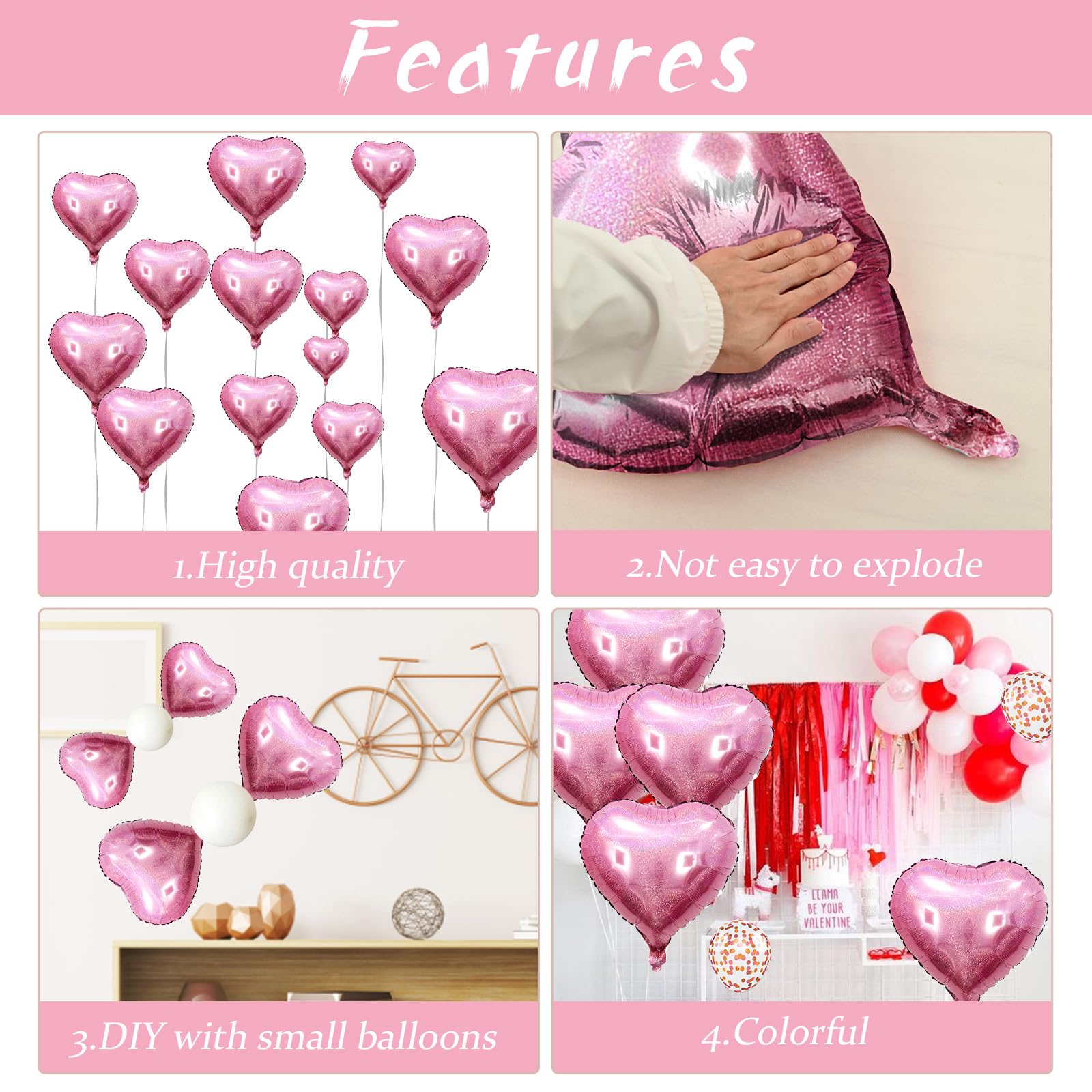 18 Zoll Herzluftballons Rosa, 10 Stück Glitzer Rosa Herzluftballons Hochzeit, Hell Rosa Luftballons Herz Folienballons Valentinstag für Geburtstag Hochzeit Babypartys Valentinstag Partydekoration