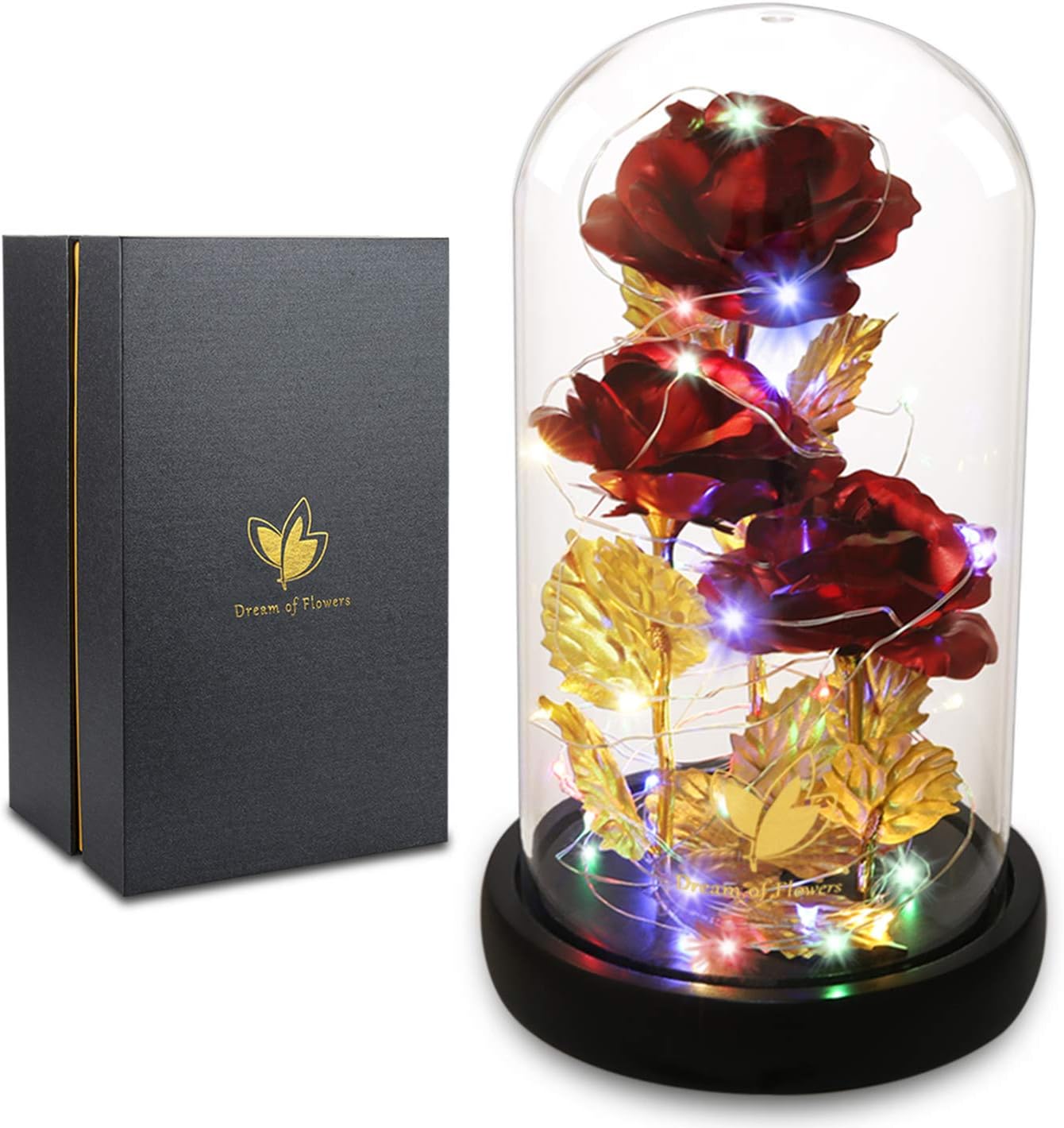 Dream of Flowers Galaxy Rose Artificial Rose, Colorful Gold Foil Rose Enchanted Red Rose, Beauty and The Beast Rose in Glass Dome with Lights for Home Decor Unique Gifts for Women (Red)