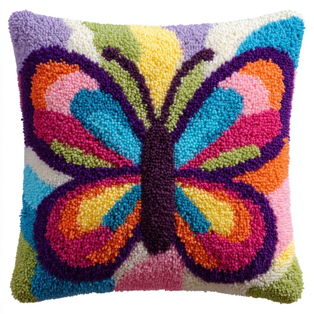 Taxpy DIY Latch Hook Kits, Animals Butterfly Needlework Pillow Cover 43x43cm DIY Hooks Knitted Embroidered Carpet Pillow Embroidery Latch Hook Carpet Kit