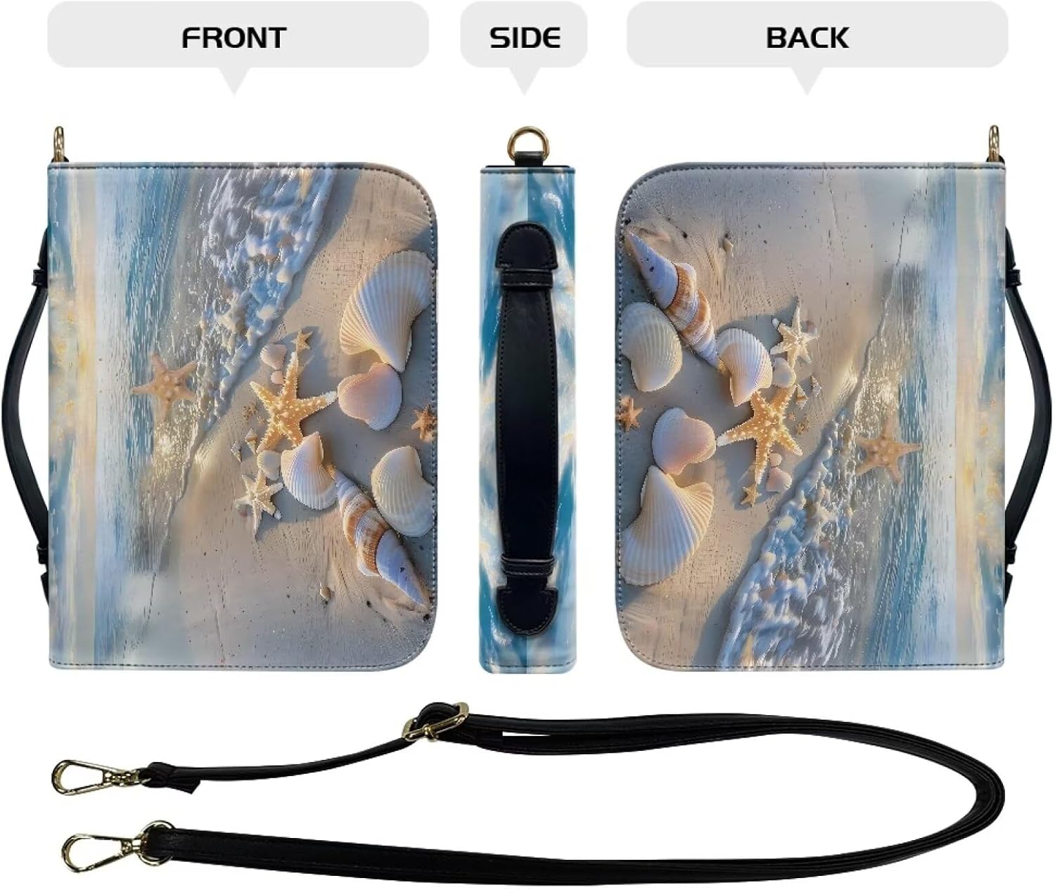 Talayituse Beach Starfish Seashell Conch Print PU Leather Bible Cover for Women Men Large Size Bible Case Bible Carrying Case with Handle, Portable Church Bible Bag with Detachable Shoulder Strap, 2XL