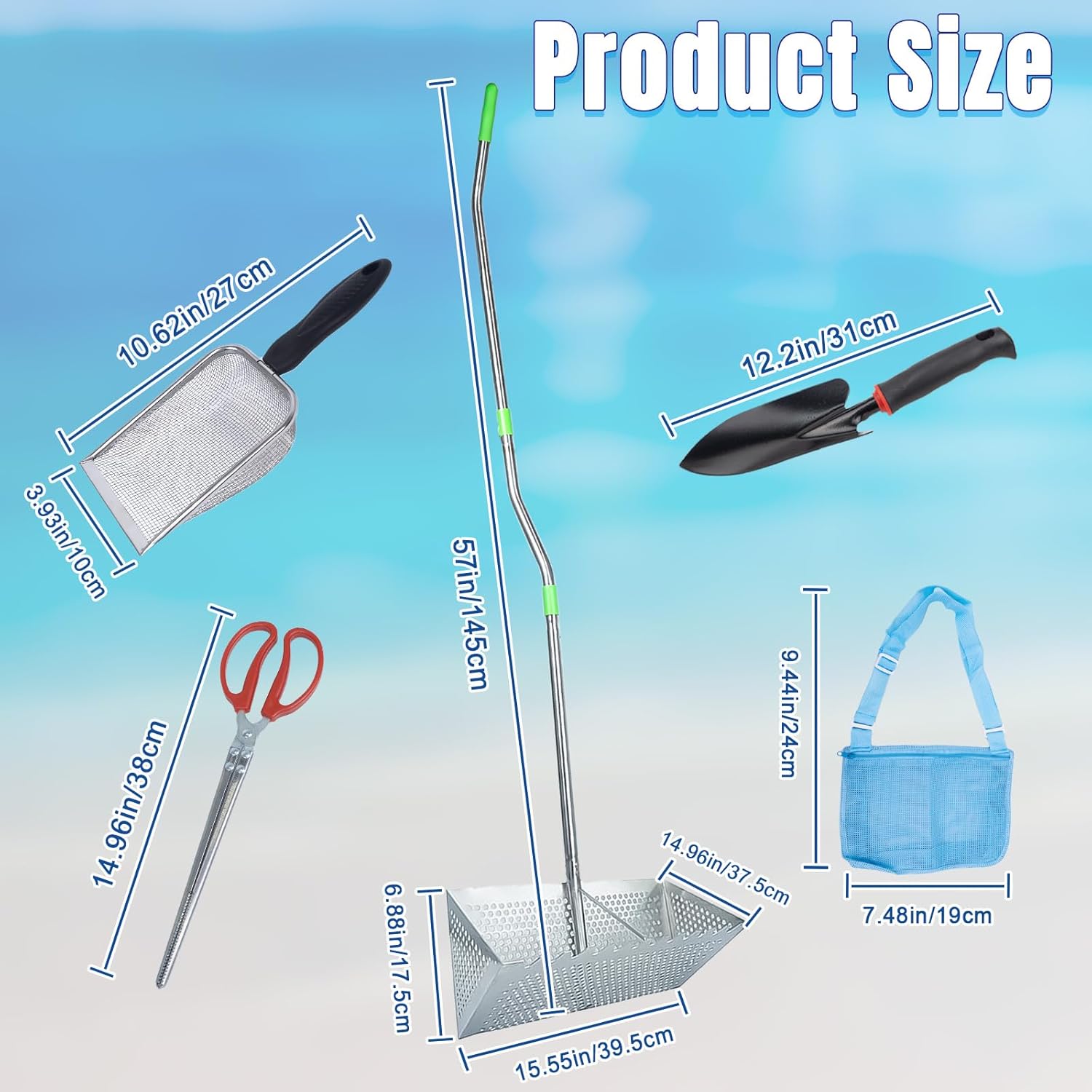 Sand Fleas Rake Set,Detachable 57 Inches Long Handle,Curved Handle Design,Includes Sand Flea Rake,1*Beach Bag,1* Beach Mesh Shovel,1*Black Shovel,1*Crab Claw Pick,One Pair of Gloves