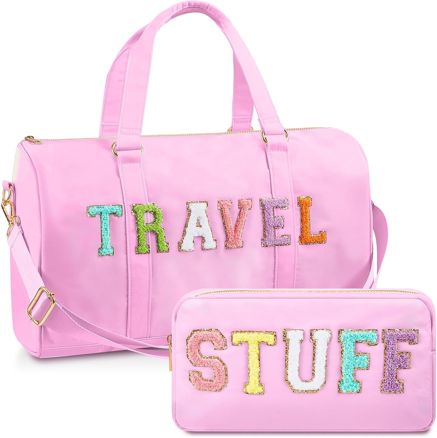 Shinylin 2 Pcs Travel Preppy Duffle Bag and Chenille Letter Makeup Pouch Cosmetic Zipper Patch Weekender Carry on Tote Bag for Women(Pink)