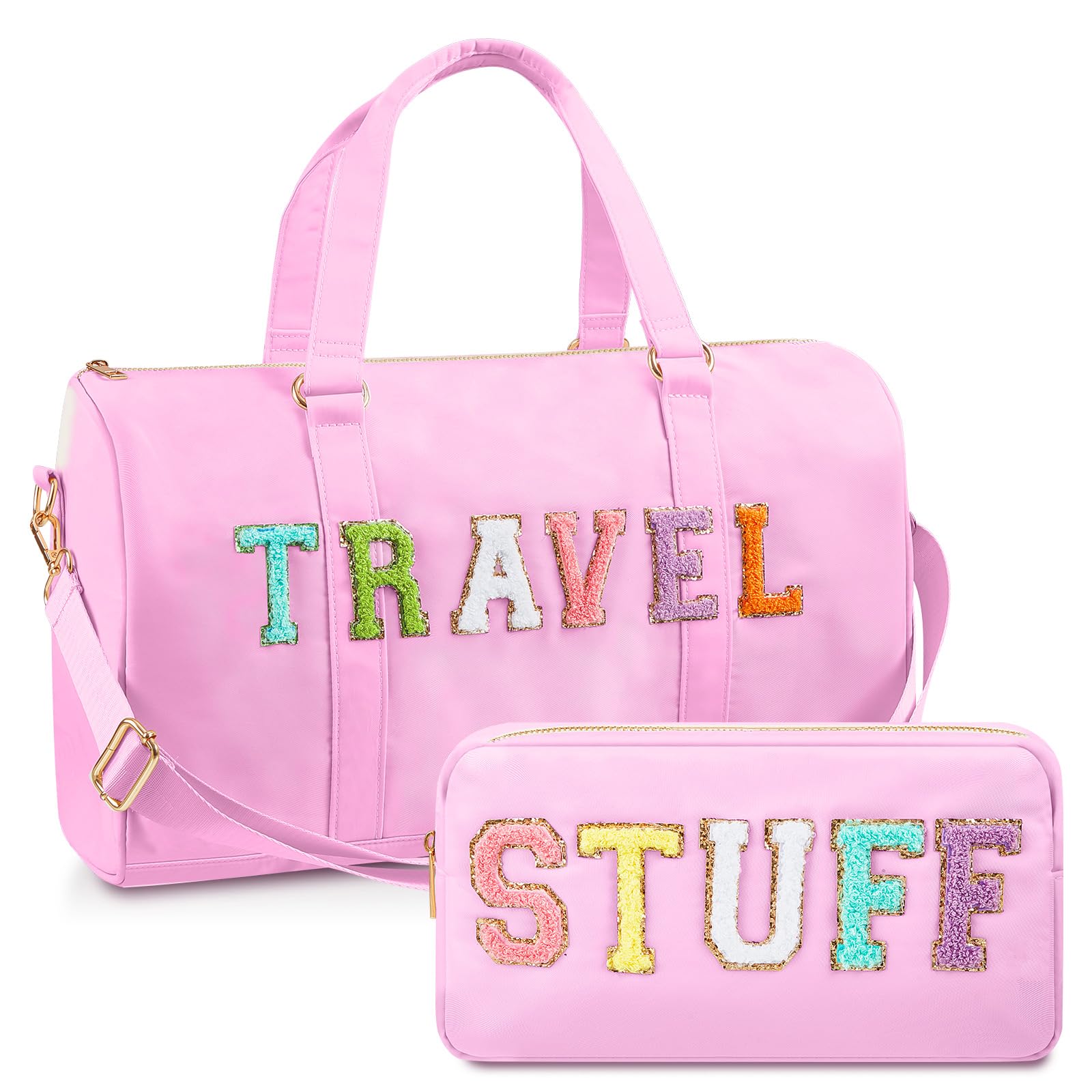 Shinylin 2 Pcs Travel Preppy Duffle Bag and Chenille Letter Makeup Pouch Cosmetic Zipper Patch Weekender Carry on Tote Bag for Women(Pink)