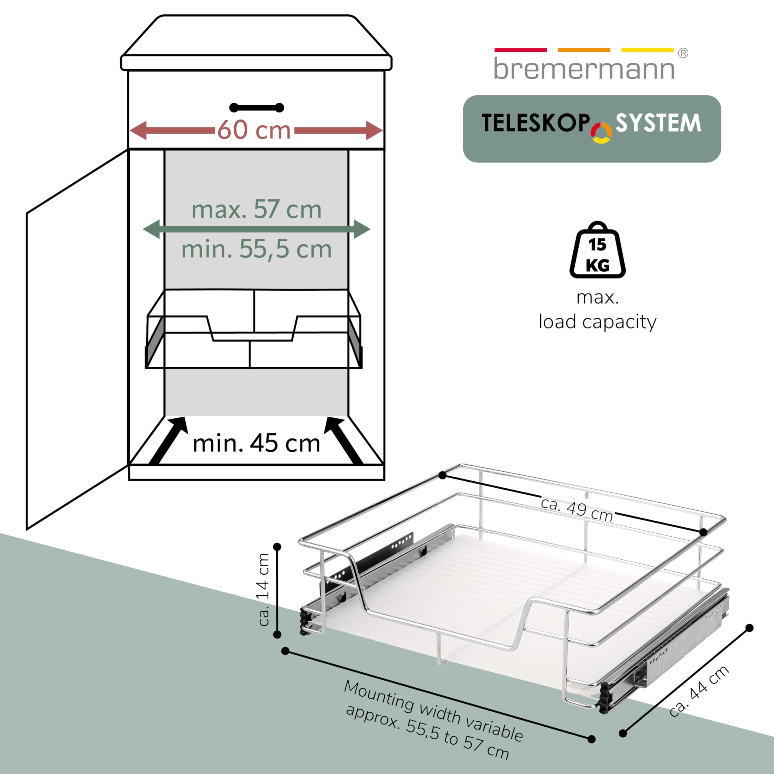 bremermann Cassetto telescopico Larghezza 60 cm con ripiano, con Guide telescopiche, cassetto Estraibile Ideale per Cucina e Bagno, in Metallo (Cromo)