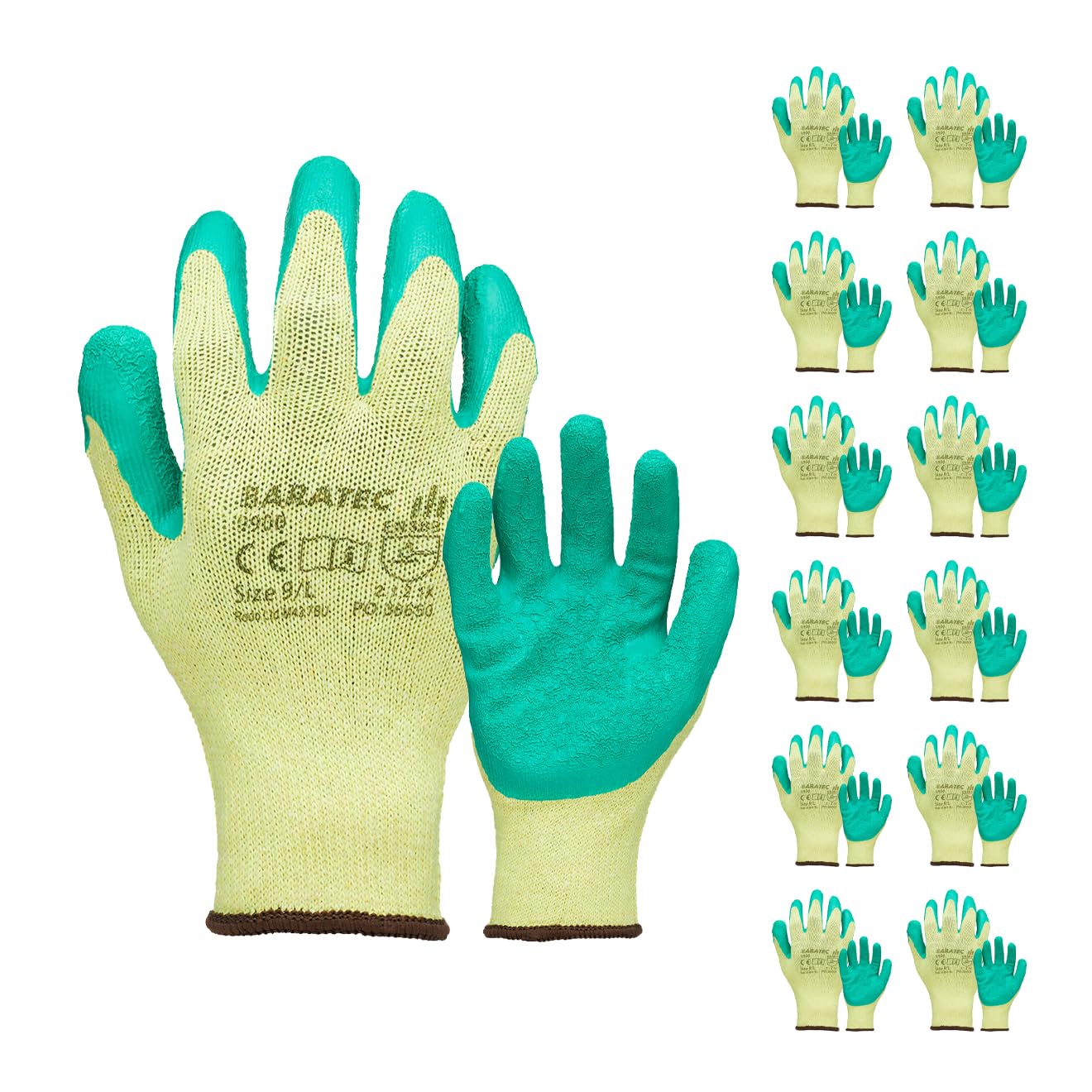 Baratec Pack of 12 Work Gloves, Latex Gloves, Gardening Gloves, Mens Womens, Waterproof Latex Grip, Safety Gloves