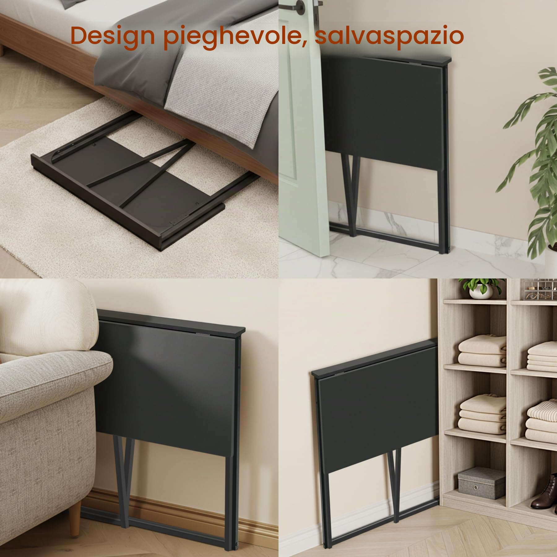 Scrivania pieghevole 80 x 40 cm, tavolo per computer salvaspazio, truciolato da 15 mm e struttura tubolare in acciaio nero, tavolo pieghevole per ufficio, cucina e studenti (Ebano Nero)