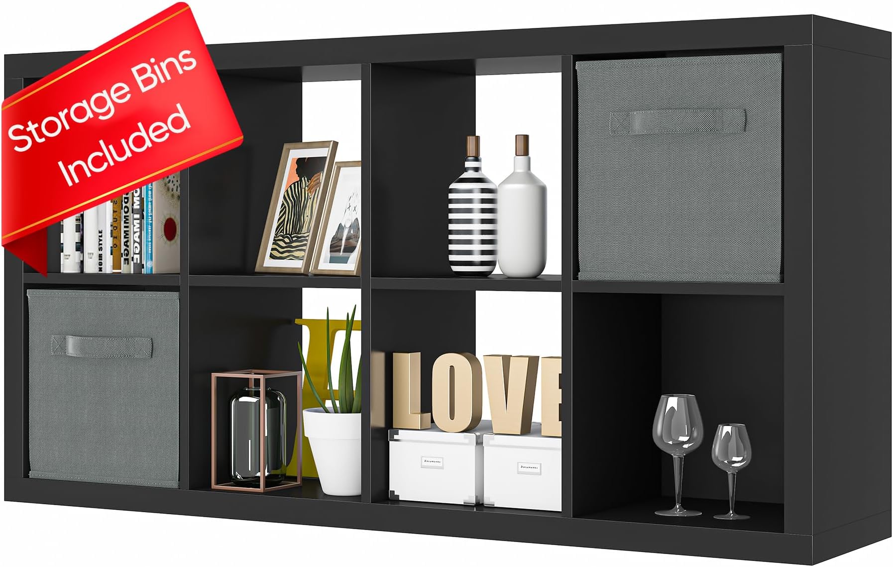 Bookshelf with Storage Bins, 8-Cube Storage Organizer with Back Panels, Modern Wood Open Bookcase, Multifunctional Display Shelf for Living Room, Bedroom, Home Office, Matte Black