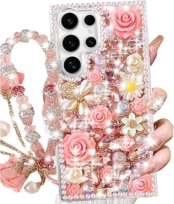 Changjia for Samsung Galaxy S25 Ultra Glitter Bling Case,Cute Luxury 3D Sparkle Crystal Rhinestones Flowers Diamond Pearl with Lanyard Wrist Strap Women Girls Case for Galaxy S25 Ultra 6.9 Inch Pink