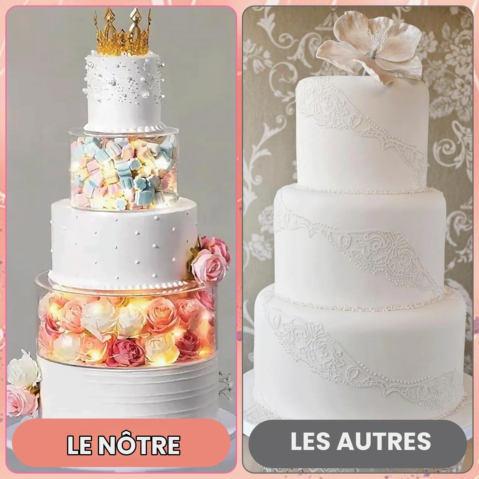 Présentoir à Gâteau 3 Etages en Acrylique Remplissable, Présentoir à Gâteau en Acrylique avec 2 Lumières LED, Plateau à Gâteaux Rond Transparent Remplissable pour Anniversaire, Mariage et Fête