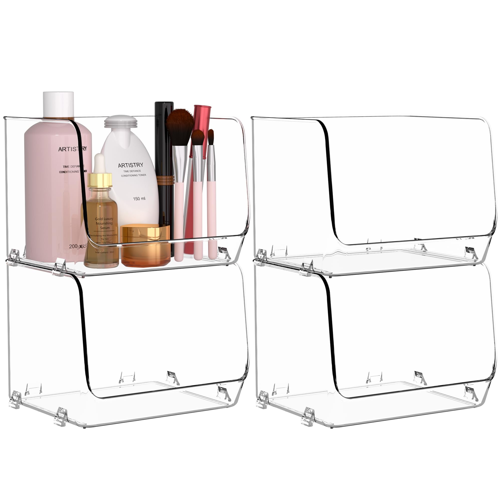 STARLATTA Lot de 4 organiseurs de maquillage pour coiffeuse, comptoir de salle de bain, organiseur de commode en acrylique transparent, bacs de rangement empilables ouverts sur le devant pour parfum,